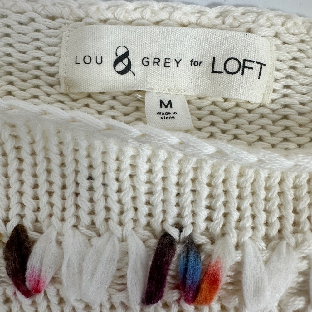 Lou & Grey LOFT Rainbow Stitch Cream Knit Sweater Medium Casual Preppy - Picture 4 of 7
